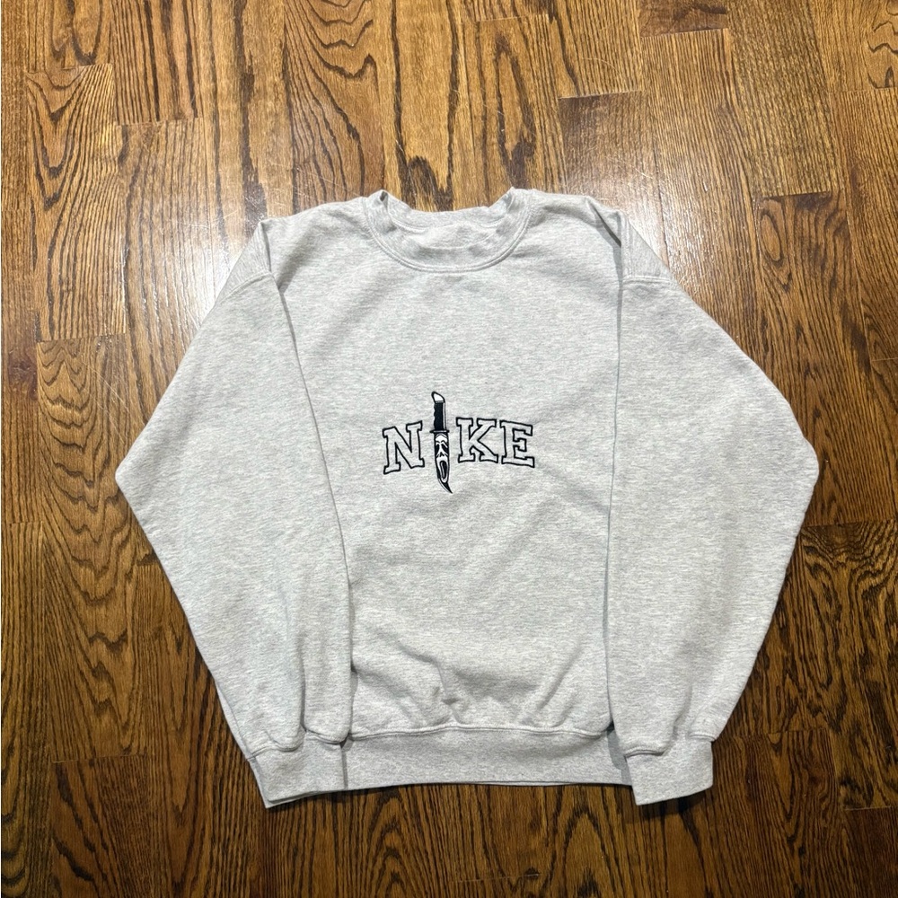 Gray Crewneck Sweater With Grunge Embroidered Nike Design